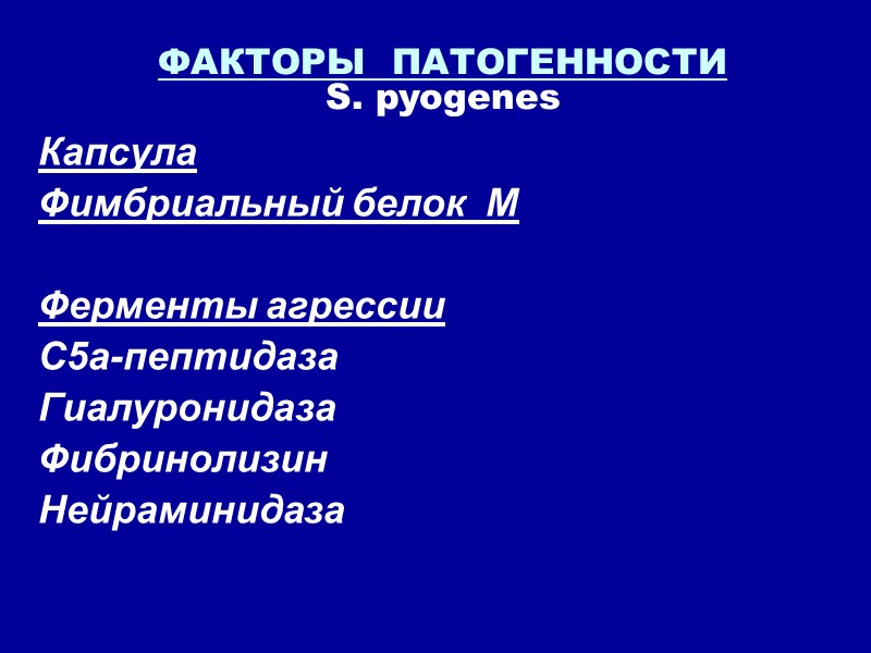 ФАКТОРЫ  ПАТОГЕННОСТИ  S. pyogenes  Капсула Фимбриальный белок  М  Ферменты